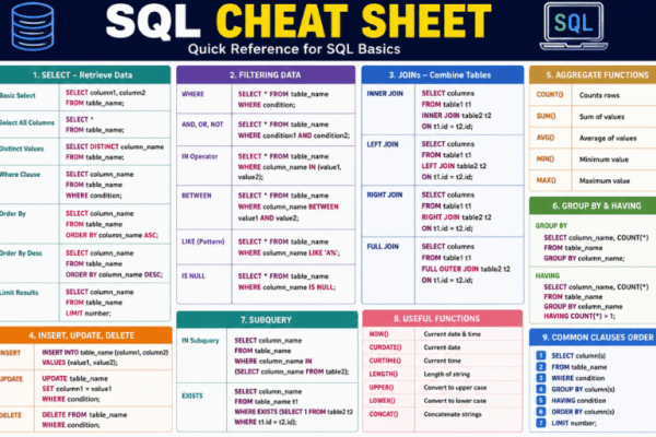SQL Cheat Sheet: A Complete Reference for SQL Queries, Filtering, Joins, and Data Manipulation